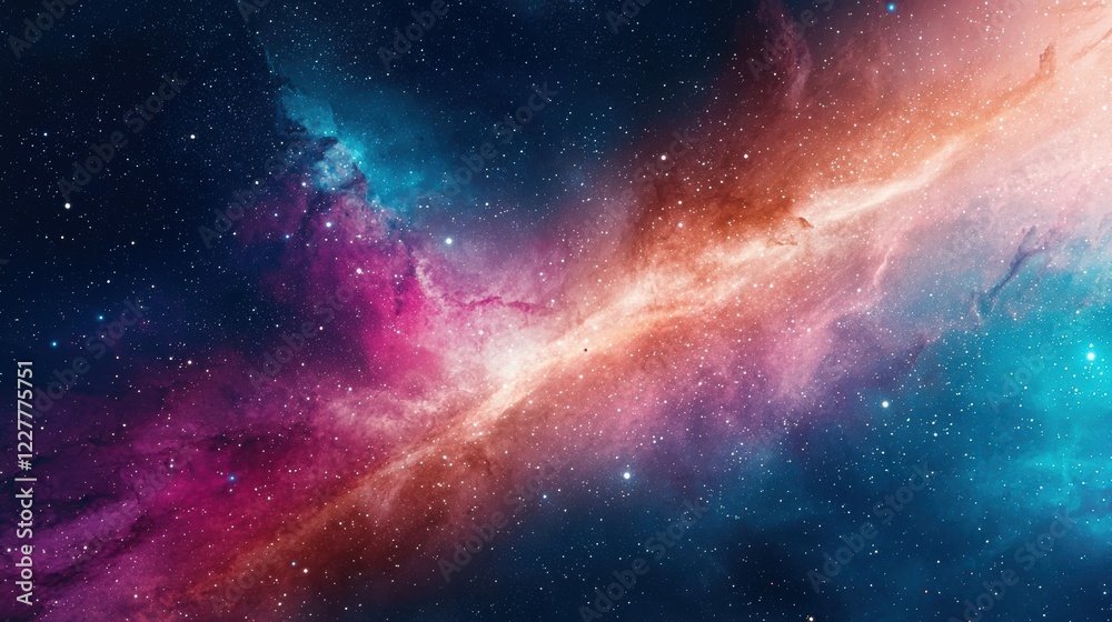 Fototapeta premium A vibrant cosmic scene filled with swirling colors of pink, blue, and orange, depicting the beauty of space and distant galaxies.