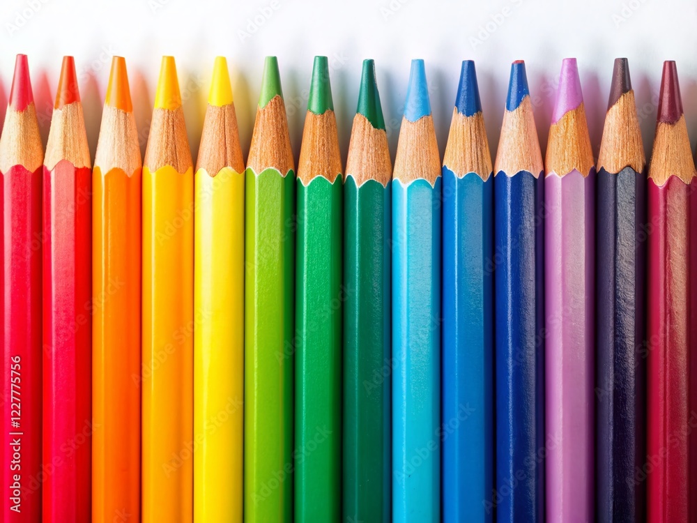 Colorful Pencils Arranged in a Neat Row, Creative Art Supplies Colorful Pencils Arranged in a Neat Row, Creative Art Supplies