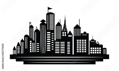 Modern Black and White City Skyline Silhouette with Reflections, vector illustration city art