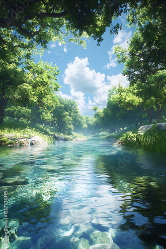 A clear river with trees and a blue sky in the background