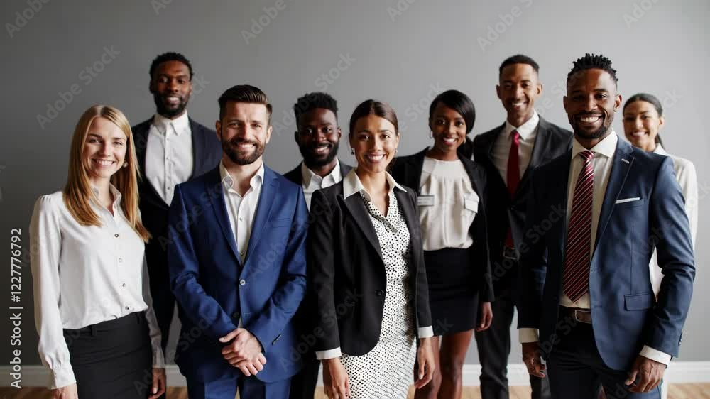 Group of business multiethnic people men and women looking at camera and smiling on gray wall background Group of business multiethnic people men and women looking at camera and smiling on gray wall background