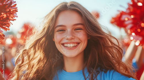 Cheerful young Caucasian woman cheerleader smiling with pom poms in sunlight photo