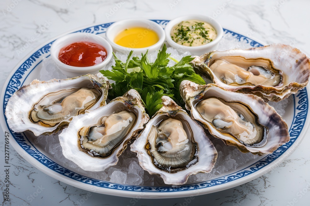 Oysters and shellfish shine at seafood festivals. Fresh oysters on ice with dipping sauces and garnishes. Oysters and shellfish shine at seafood festivals. Fresh oysters on ice with dipping sauces and garnishes.