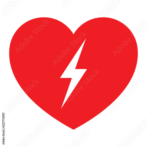 AED emergency defibrillator sign. First aid and CPR icon. Automated external defibrillator symbol for heart attack response. Red heart with lightning bolt. Vector illustration.