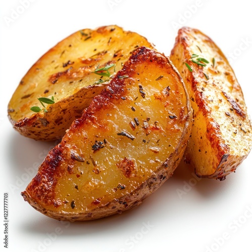 a deliciously roasted potato wedge, showcasing its golden, crispy exterior and fluffy interior photo