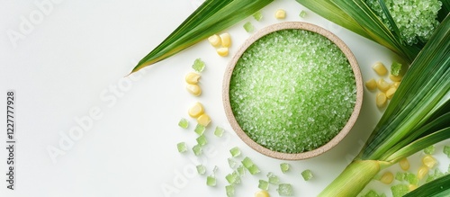 Green sugar from sugarcane and corn in a bowl with natural leaves for cooking and baking creative vegetarian ingredient background photo