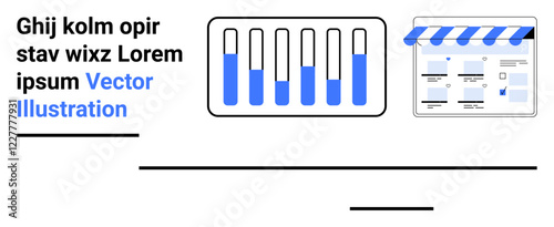 Bar graph with five blue and white columns, storefront window graphic featuring grid layout and blue accents. Ideal for business analytics, online shopping, eCommerce, statistics, marketing, data