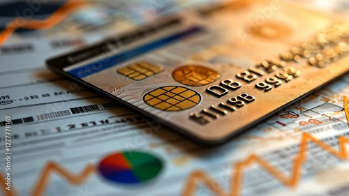 Close-up of a credit card on financial documents with graphs and charts