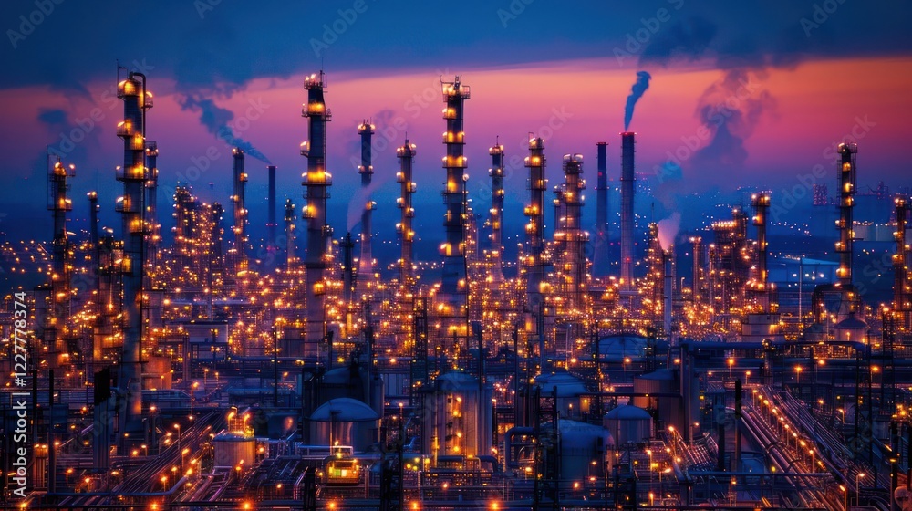 Fototapeta premium Industrial skyline at dusk with illuminated towers and smoke against a vibrant sunset