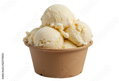 scoops of creamy vanilla ice cream in brown paper cup isolated on white, classic dessert concept
