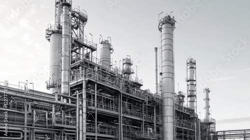 Monochrome industrial refinery complex, showcasing towering structures, intricate pipelines, and complex machinery under a bright sky. photo