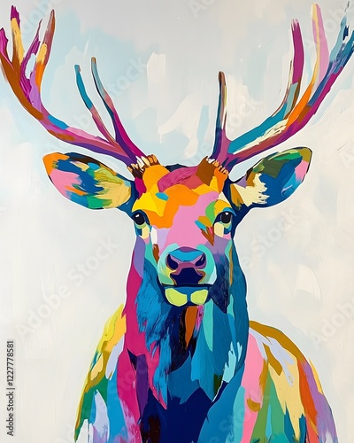 A colorful painted portrait of an elk isolated on a white background photo