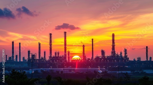 Sunset over industrial skyline with silhouettes of refinery structures against colorful sky photo