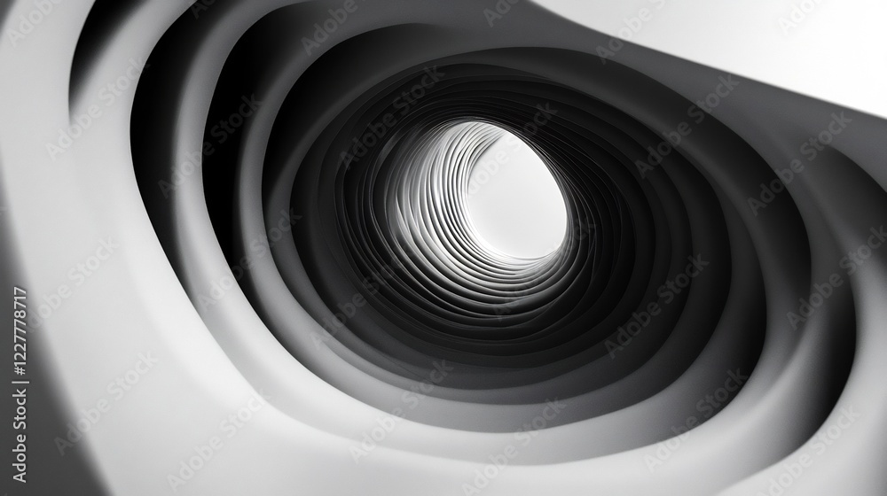 Abstract grayscale spiral tunnel, architectural design, 3D rendering, modern art, contemporary style, interior design, wave-like structure, circular pattern, flowing lines Abstract grayscale spiral tunnel, architectural design, 3D rendering, modern art, contemporary style, interior design, wave-like structure, circular pattern, flowing lines