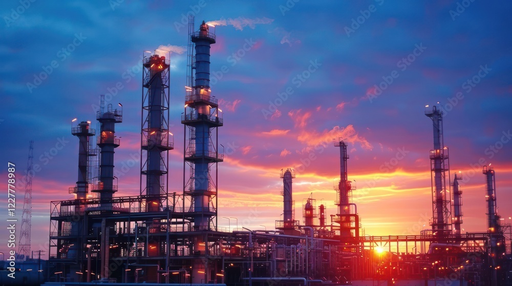 Fototapeta premium Industrial landscape at sunset with smokestacks silhouetted against a colorful sky