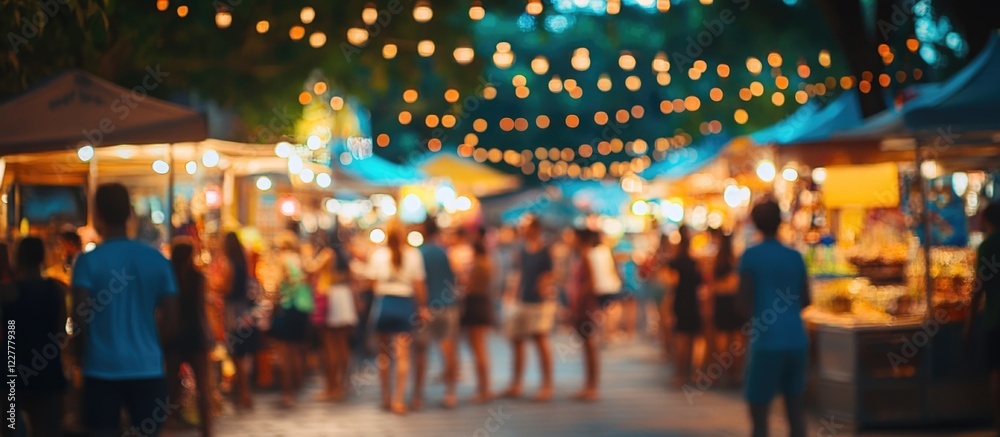 Naklejka premium Street festival atmosphere with food and drink booths colorful lights and blurred crowd creating a vibrant evening scene for text overlay
