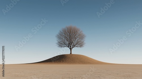 Lone tree on desert hill, clear sky background.  Peaceful landscape, nature photography