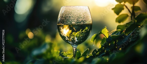 Globe shaped glass goblet surrounded by lush summer foliage with sunlight sparkling on dew and empty space for adding text. photo