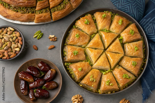 traditional Ramadan sweets like baklava kunafa qatayef top view photo