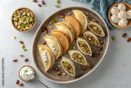 traditional Ramadan sweets like baklava kunafa qatayef top view photo