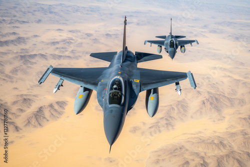 Aerial view military aircraft in war, Selective focus flying high speed military jet on desert.