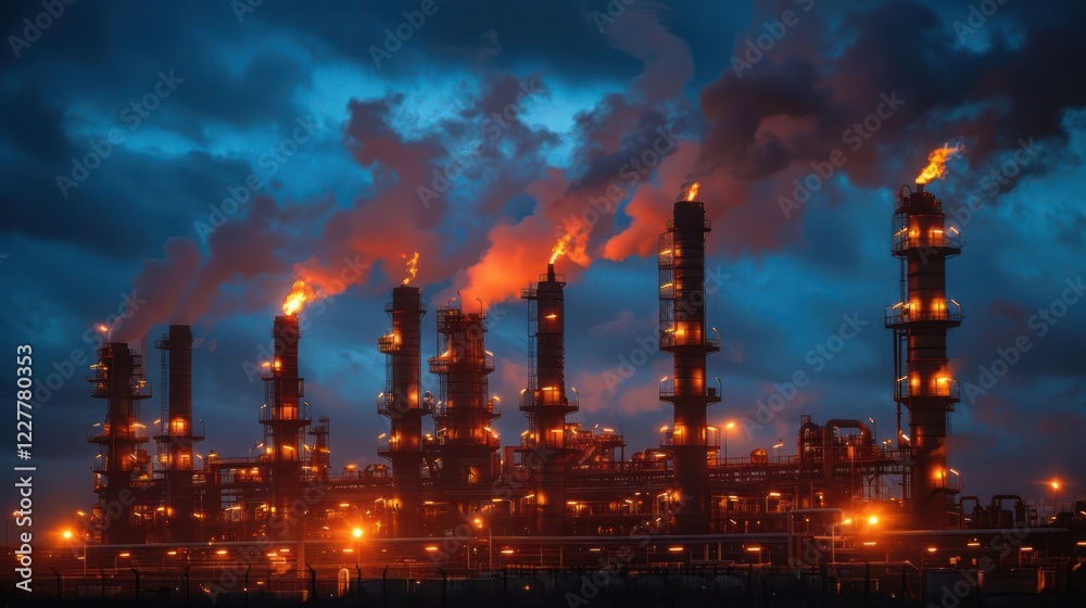 Fototapeta premium Industrial complex at dusk with flames and smoke rising against a dramatic sky, showcasing energy production