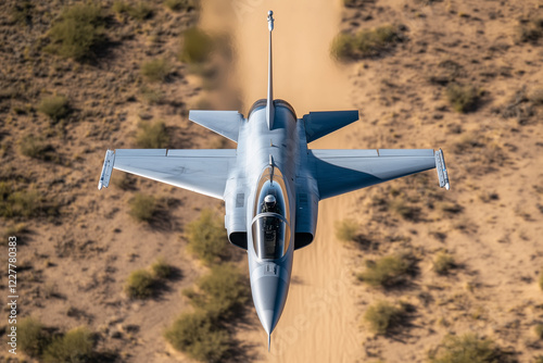 Aerial view military aircraft in war, Selective focus flying high speed military jet on desert.