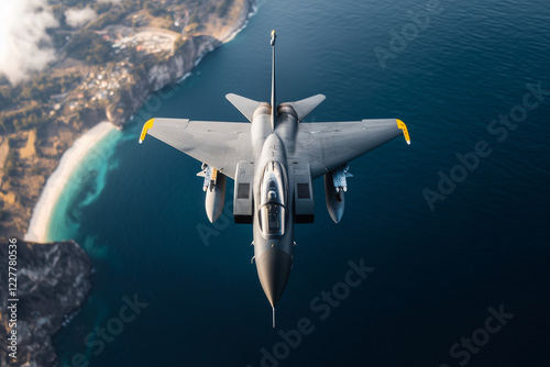 Aerial view military aircraft in war, Selective focus flying high speed military jet on ocean.