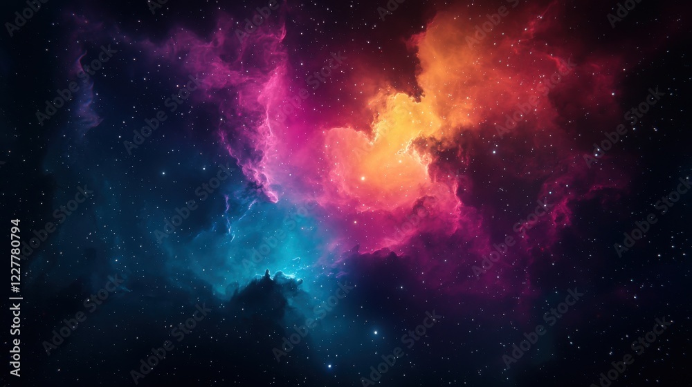 Fototapeta premium A vibrant cosmic scene featuring colorful nebulae in shades of pink, orange, and blue against a starry backdrop.