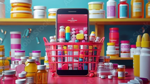 Colorful pharmacy display with smartphone in shopping basket, vibrant background photo