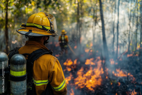 Portrait of fireman with protection suit and extinguish tank in the forest, Selective focus firefighter with wildfire, Forest fire disaster.