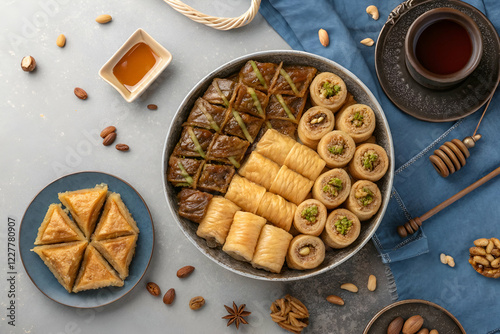 traditional Ramadan sweets like baklava kunafa qatayef top view photo