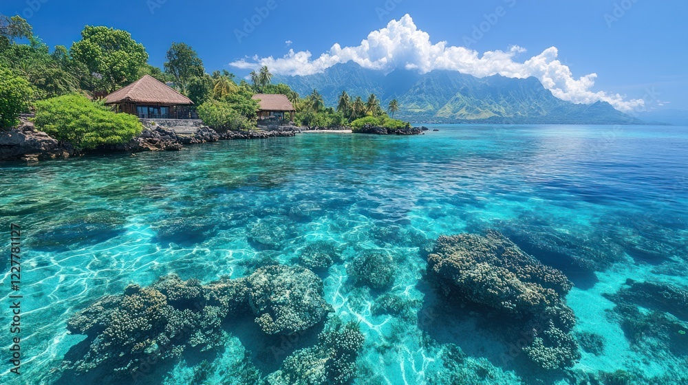 Fototapeta premium Tropical paradise with clear turquoise water, beachfront villas and mountain background