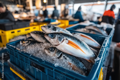 Selective focus fresh fish in tray in fish market, Close up shot fresh catch fish with ice.