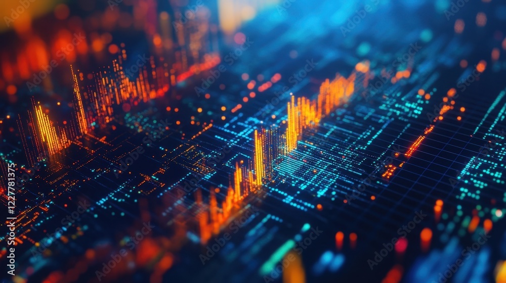 Obraz premium Visualizing complex quantum computing algorithms processing big data with futuristic glowing lines and dots, highlighting the power of artificial intelligence and machine learning