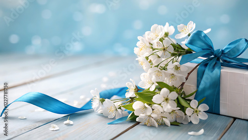National dress in blue day celebration with vivid blue ribbon and white flowers gift decor.