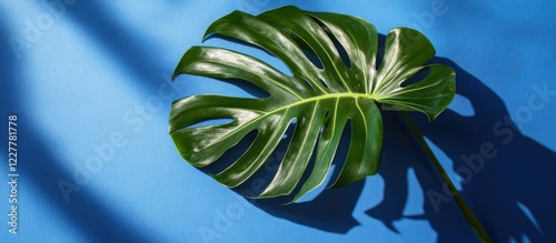 Vibrant green palm leaf on a bright blue background showcasing deep shadows and ample space for text or graphics photo