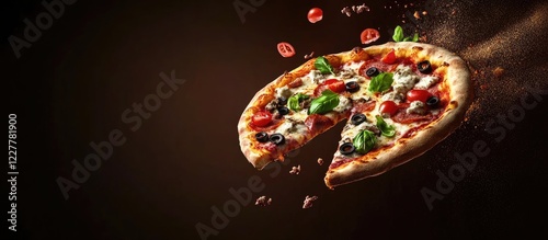 Flying pizza featuring assorted toppings with space for text and a dark background perfect for food photography.