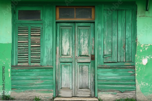 The rustic charm of these worn green doors tells stories of time and myriad journeys within. photo