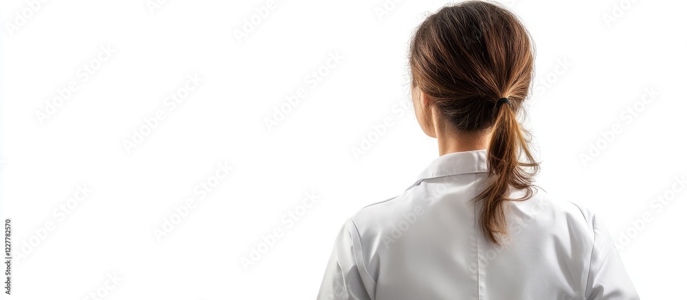 Female Medical Professional in White Coat Viewed from Behind on Plain Background with Copyspace for Text and Graphics Female Medical Professional in White Coat Viewed from Behind on Plain Background with Copyspace for Text and Graphics