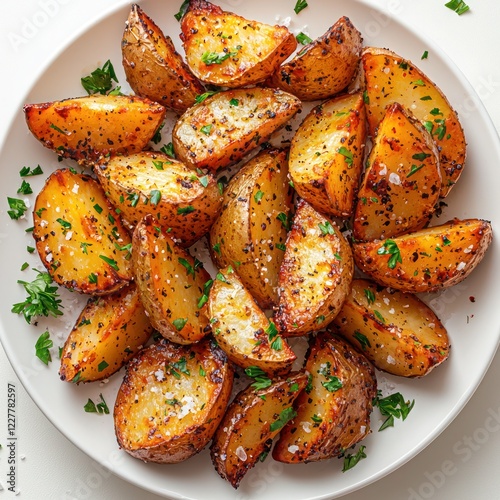 a serving of roasted potatoes with crispy golden edges and charred bits, garnished with chopped parsley photo