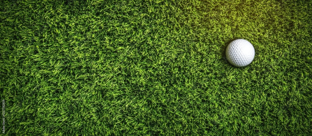 Golf ball resting on lush green grass illuminated by sunlight with ample empty space for text and branding in a sports-themed design Golf ball resting on lush green grass illuminated by sunlight with ample empty space for text and branding in a sports-themed design