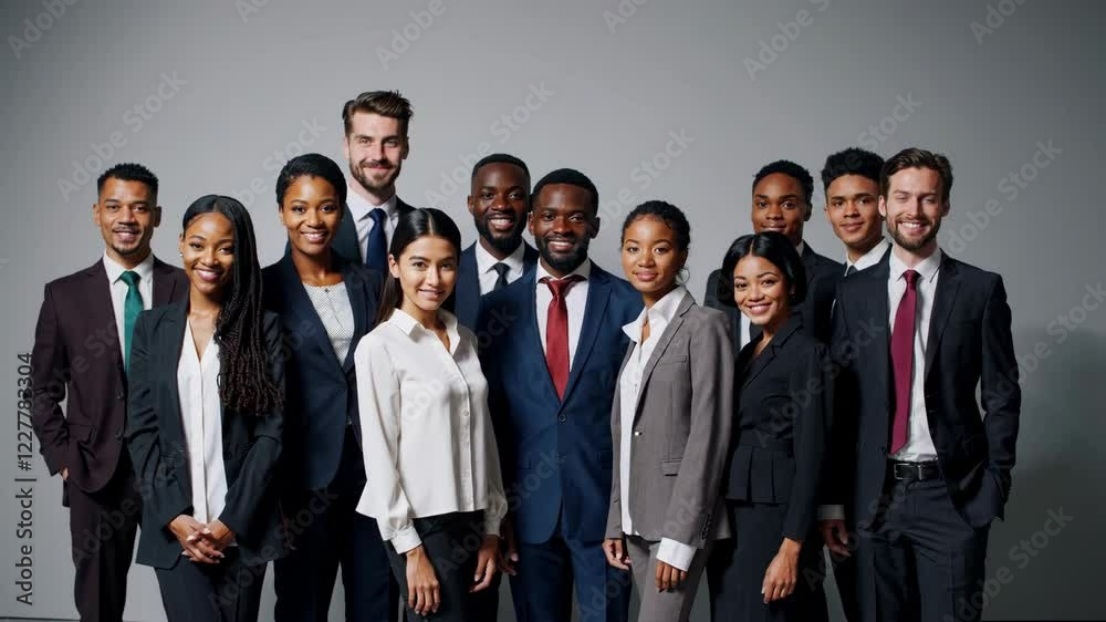 Group of business multiethnic people men and women looking at camera and smiling on gray wall background Group of business multiethnic people men and women looking at camera and smiling on gray wall background