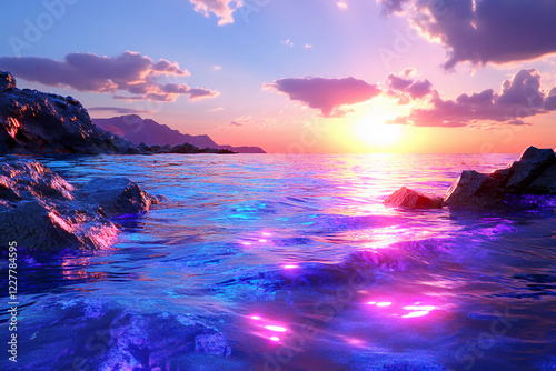 Cubic Ocean - A tranquil ocean with cubic waves and angular rocks forming islands, set under a sky of soft gradients, creating a surreal, geometric landscape