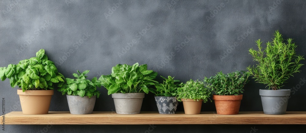 Indoor shelf displaying various green plants in pots against a grey wall, ideal for modern nature-inspired interior decor and design projects. Indoor shelf displaying various green plants in pots against a grey wall, ideal for modern nature-inspired interior decor and design projects.