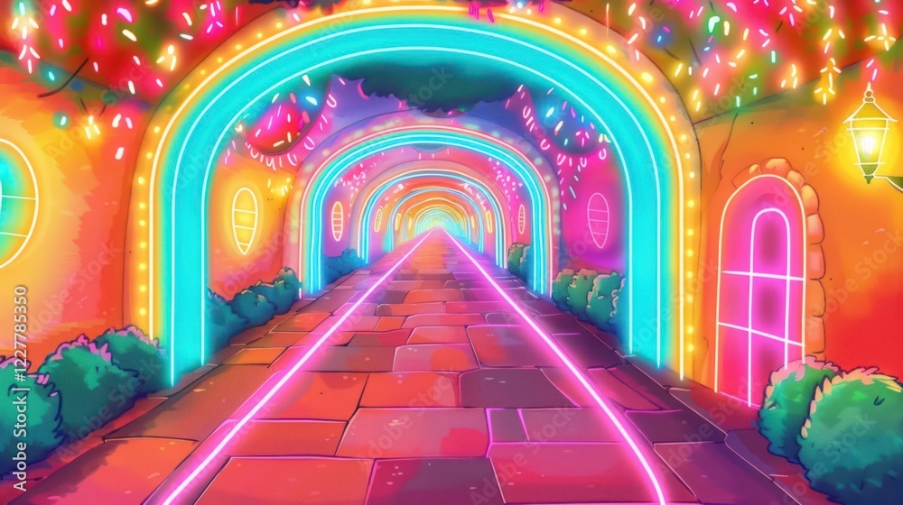 Obraz premium Vibrant illuminated pathway with colorful arches and fairy lights in a whimsical setting
