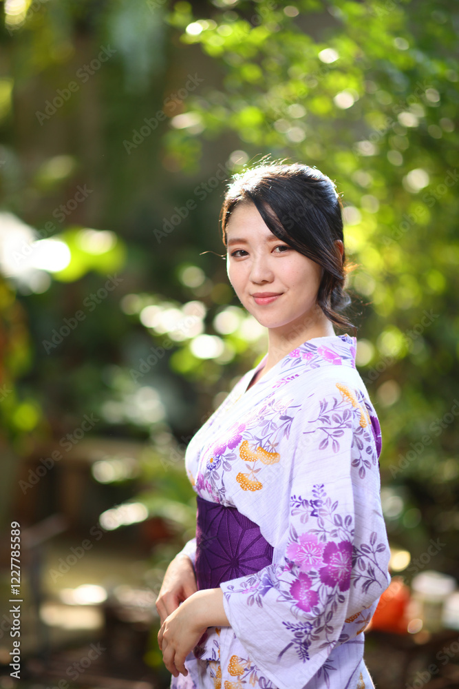 portrait woman with yukata dress in the garden portrait woman with yukata dress in the garden