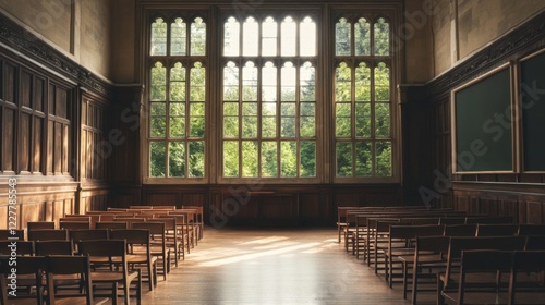 Sunlit hall with rows of wooden chairs and large windows overlooking trees.
