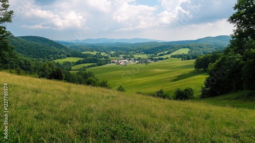 Serene Valley Landscape: Rolling Hills and Lush Green Meadows
