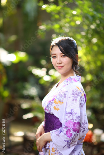 portrait woman with yukata dress in the garden